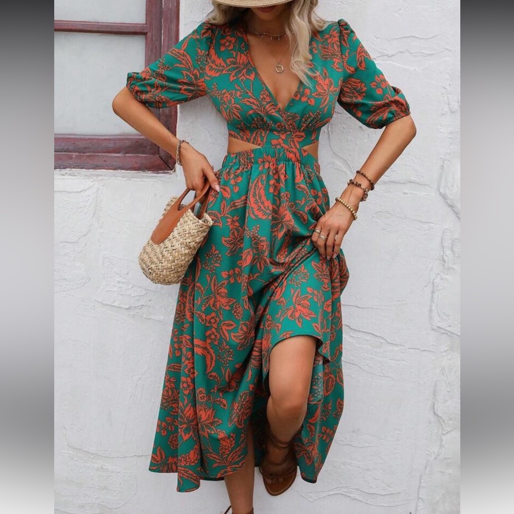 Boho floral print cutout long sleeve dress